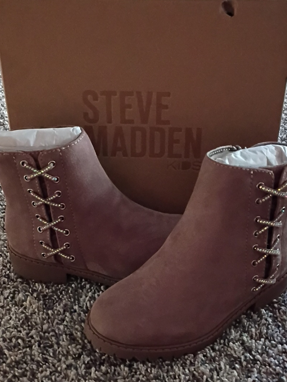 Steve Madden Kid's Brown Suede Lace-Accent Ankle Booties